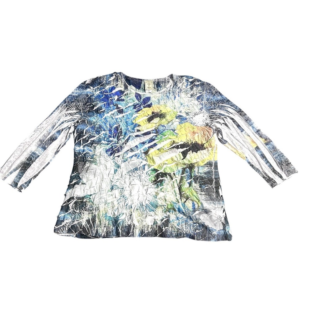 Jess & Jane Pansies Top Art‎ To Wear Textured  Floral 3/4 Sleeve Large Artsy